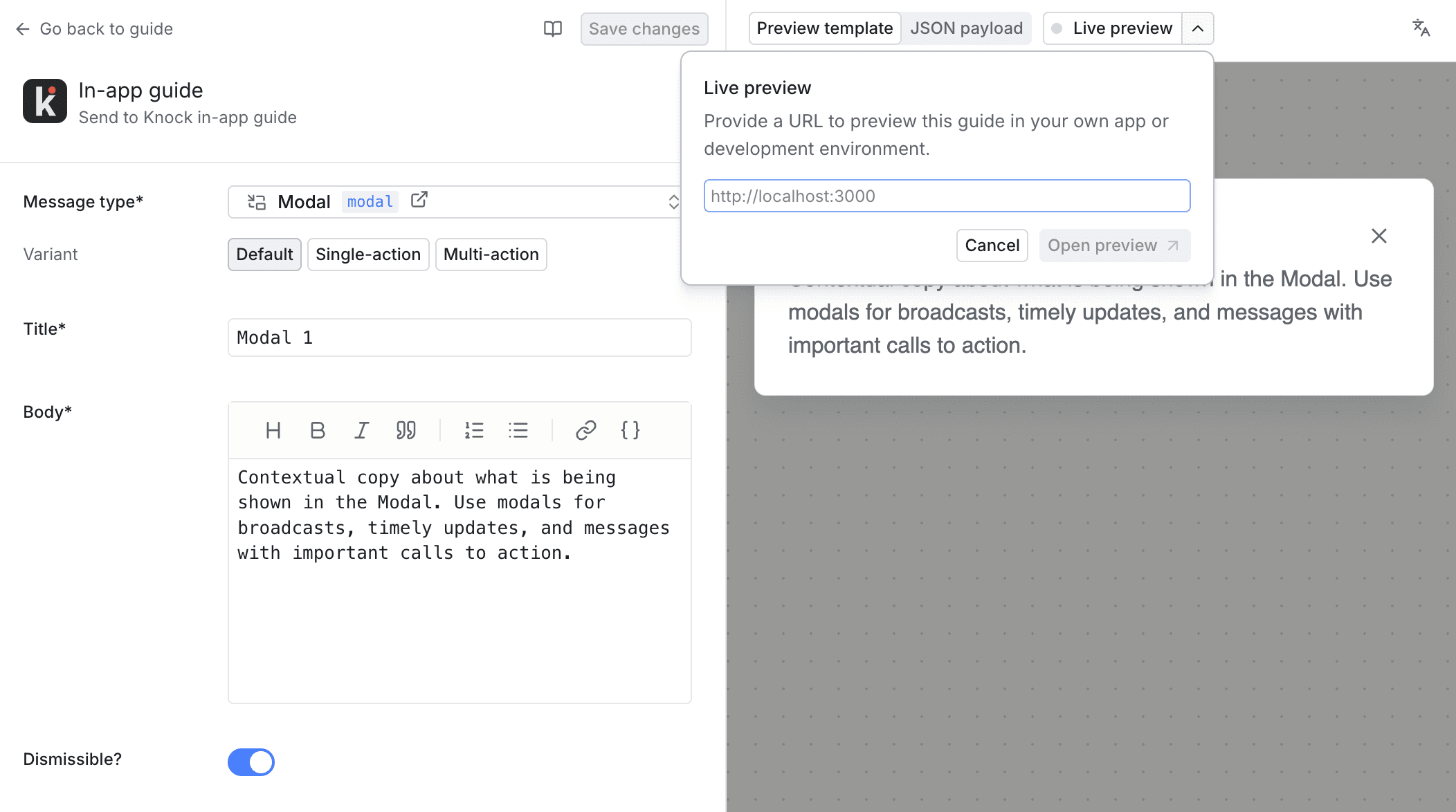 Live preview modal in the guide editor showing URL input field